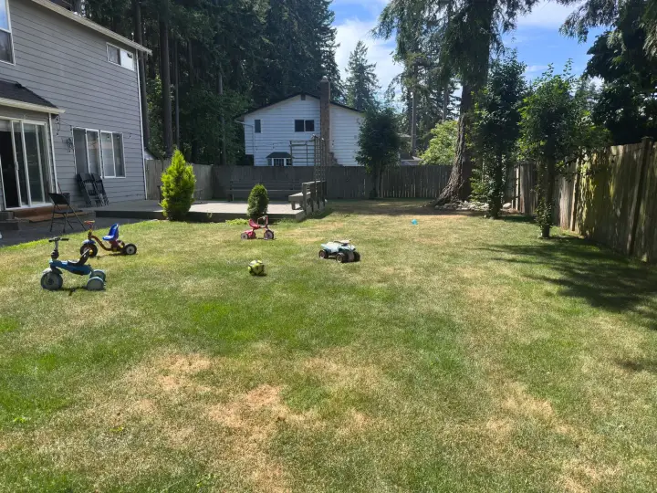 Fenced backyard lawn and outdoor play space with ride-on toys at Angel Family Daycare in Lynnwood